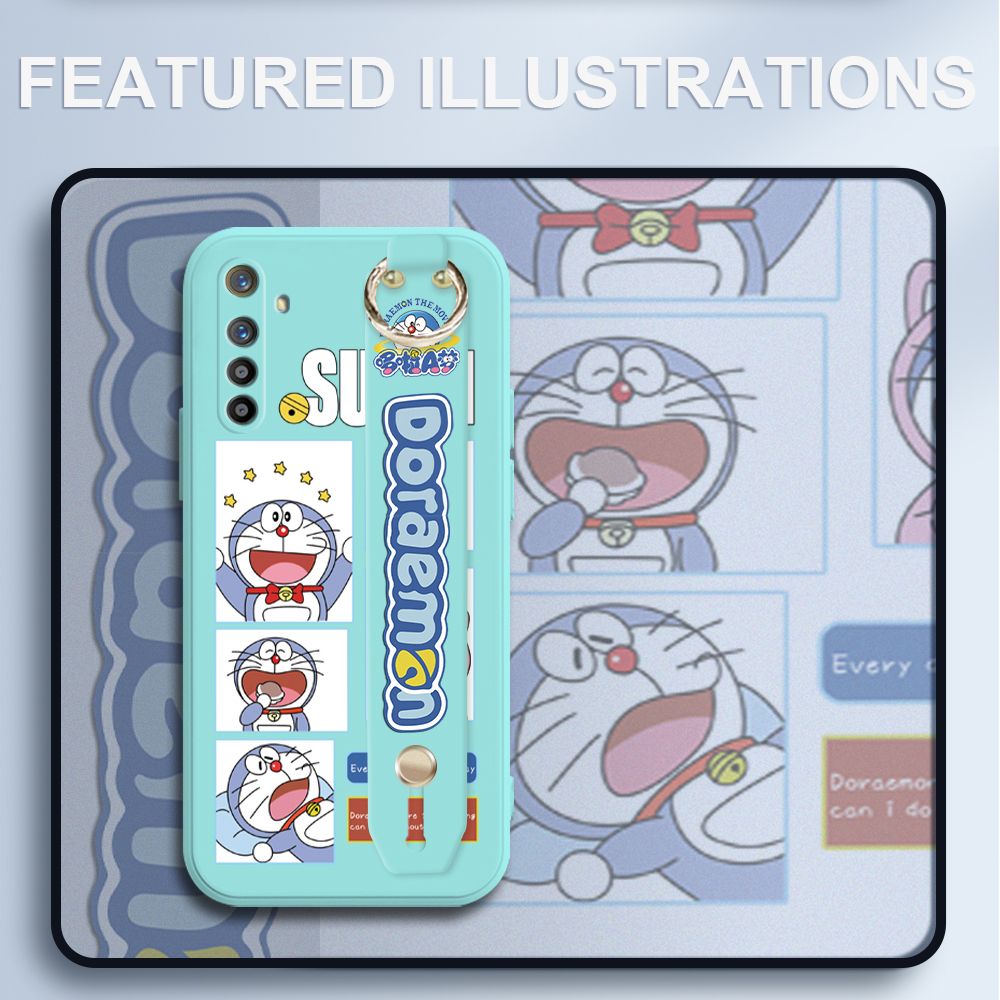 UCUC for Realme XT Wrist Strap Case Creative Cartoon Doraemon's Daily Life Cover Ultra Thin Anti Fall Liquid Silicone Phone Case