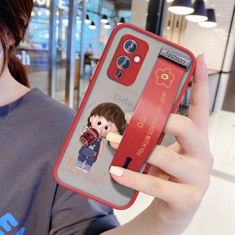 UCUC for OnePlus 9 Wrist Strap Case Girl Drinking Cola Wristband Printing Cover Shockproof Ultra Thin Phone Case