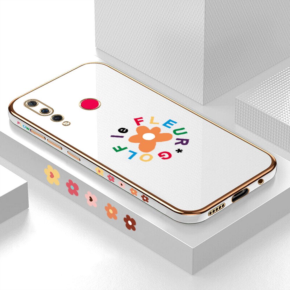 Luxury 6D Plating Case for Huawei Nova 4 Cartoon Flower Side Pattern Back Cover Soft Silicone Square Frame Shiny Bling Phone Cases + Free Lanyard