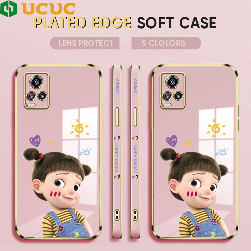 UCUC for Vivo V20 / V20 2021 Back Cover + Free Lanyard Lovely Girl Luxury 6D Plating Case Side Pattern Soft Silicone Square Phone Cases