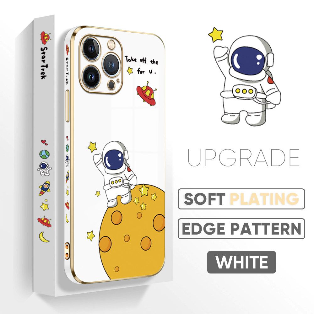 TA for iPhone 13 Pro Max Back Cover + Free Lanyard Planet Astronaut Luxury 6D Plating Case Side Pattern Soft Silicone Square Phone Cases