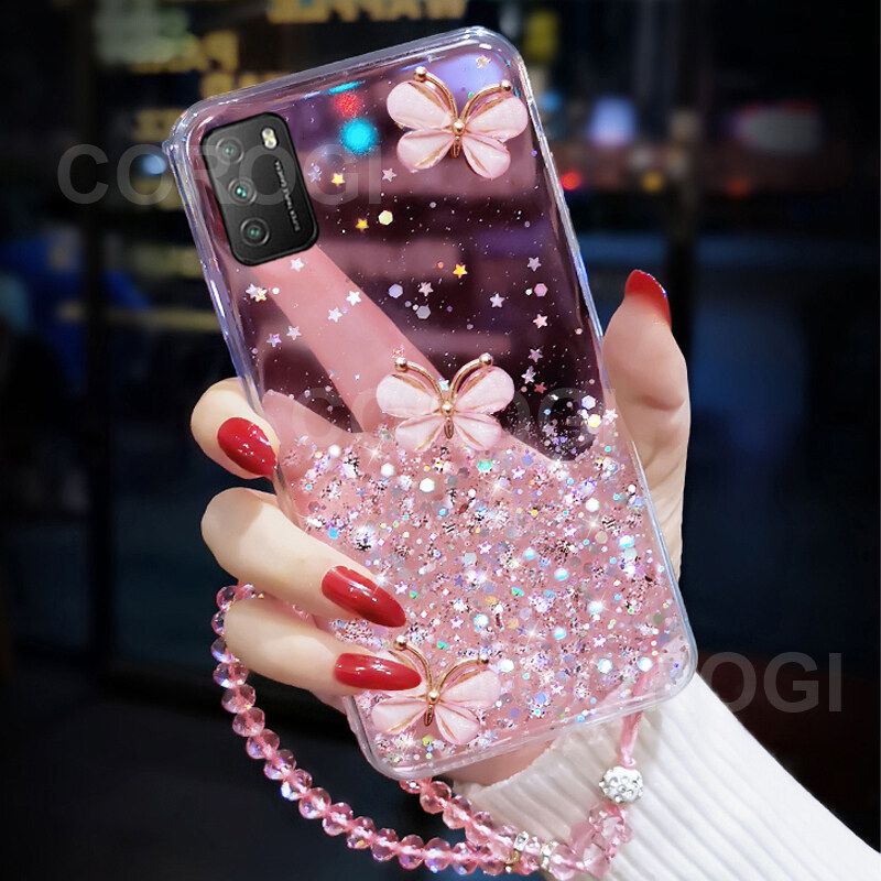 For Xiaomi POCO M3 Cover + Crystal Wrist Strap Fashion 3D Rhinestone Butterfly Shiny Glitter Girls Phone Case Clear Soft Silicone Bumper Shockproof Protective Back Cover