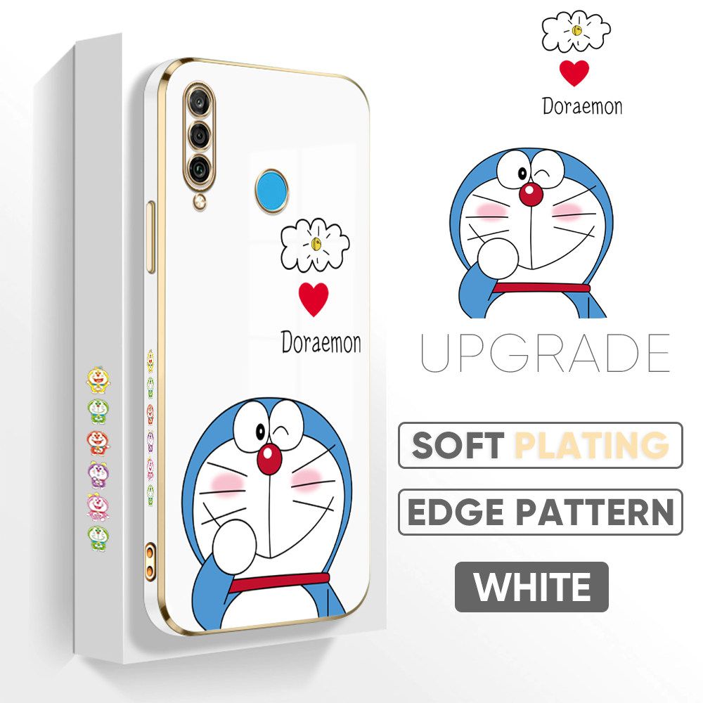 UCUC for Huawei P30 Lite / Nova 4E Back Cover + Free Lanyard Sneak Doraemon Luxury 6D Plating Case Side Pattern Soft Silicone Square Phone Cases
