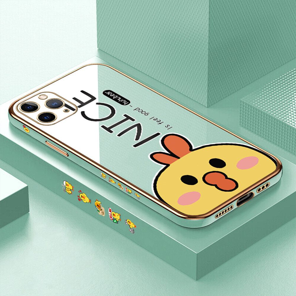 Luxury 6D Plating Case for iPhone 11 Pro Max Cute Cartoon Chicken Side Pattern Back Cover Soft Silicone Square Frame Shiny Bling Phone Cases + Free Lanyard