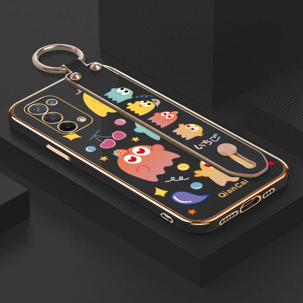 Jizetin for OPPO A74 5G Back Cover Bean Monster Luxury 6D Plating Wrist Strap Phone Cases Soft Silicone Square Mobile Phone Case
