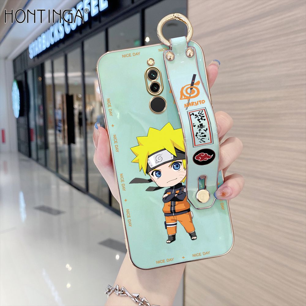 Hontinga for Redmi 8 Back Cover With Wristband Luxury 6D Plating Anime Naruto Uzumaki Case Soft Silicone Square Phone Cases