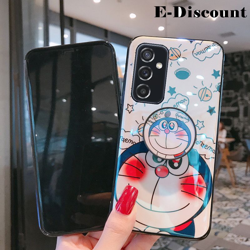 For Samsung Galaxy M52 5G Case Cute 3D Cartoon Blue Light Happy Doraemon Soft Couple Phone Cases Stand Holder for Samsung M52 Back Cover
