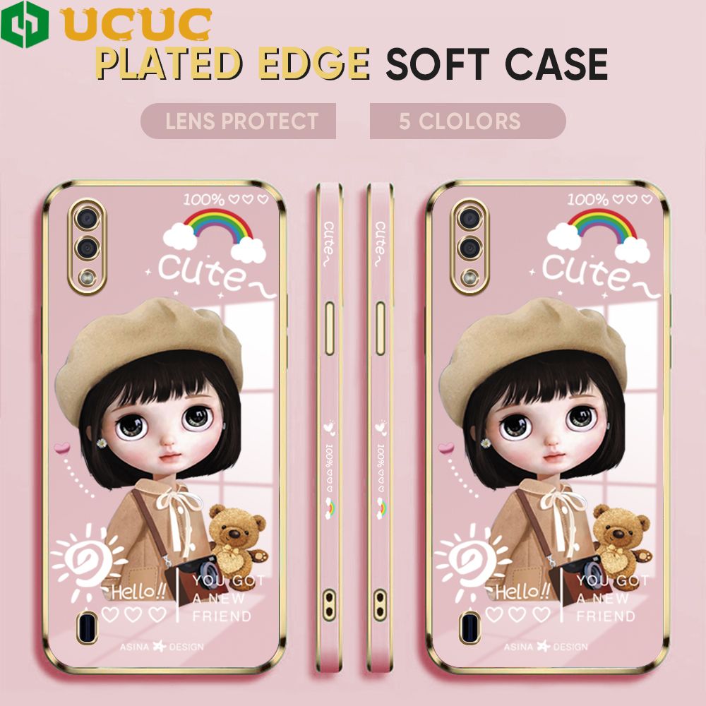 UCUC for Samsung Galaxy A01 Back Cover + Free Lanyard Sunshine Girl Luxury 6D Plating Case Side Pattern Soft Silicone Square Phone Cases