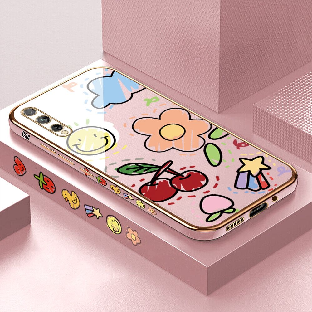Luxury 6D Plating Case for Huawei Y8P Color Cartoon cherry Peach Side Pattern Back Cover Soft Silicone Square Frame Shiny Bling Phone Cases + Free Lanyard