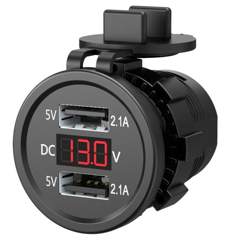 5V 2.1A Waterproof Dual Ports USB Charger Socket Adapter Power Outlet with Voltage Display Voltmeter for 12-24V Car Motorcycle