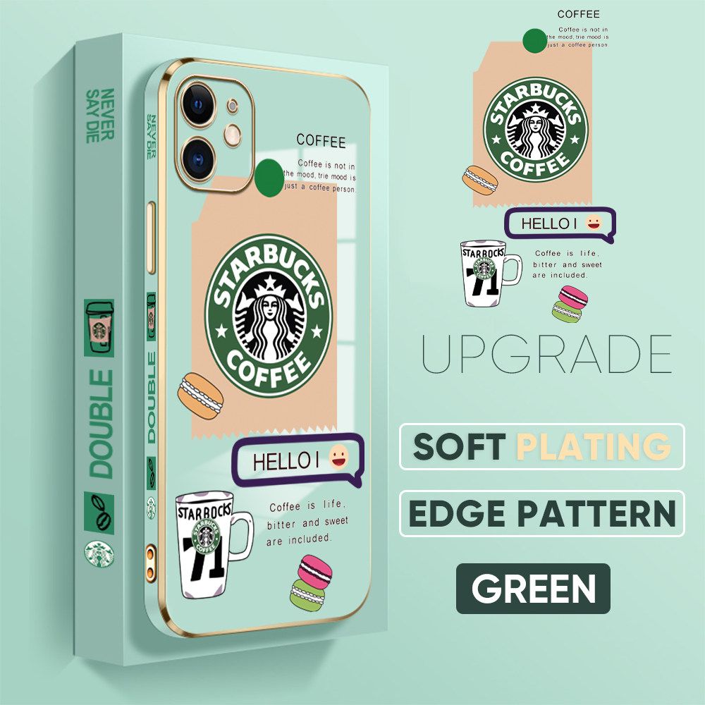 Jizetin (Free Lanyard) iPhone 11 Back Cover Two Coffee Macaron Luxury 6D Plating Case Side Pattern Soft Silicone Square Mobile Phone Cases