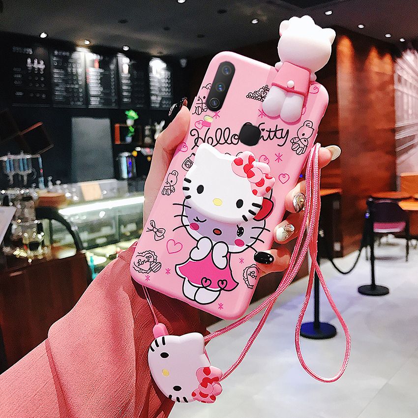 For VIVO Y17 Y15 Y12 Y11 Y20 Y20i Y20s Y12s VIVO Y50 Y30 Y30i Y19 Y91C Y1s Cartoon 3D Pink Hello Kitty Case with Phone Holder Stand Lanyard Soft Casing Cover