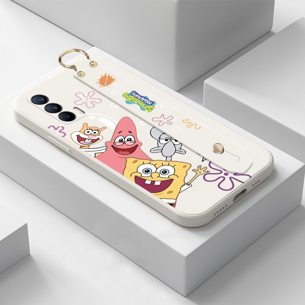 ZeroQiQi for Realme V15 5G Wrist Strap Case Cute Cute Funny Cartoon Sponge for Square Pants Cover Square Edge Liquid Silicone Anti-drop Phone Case
