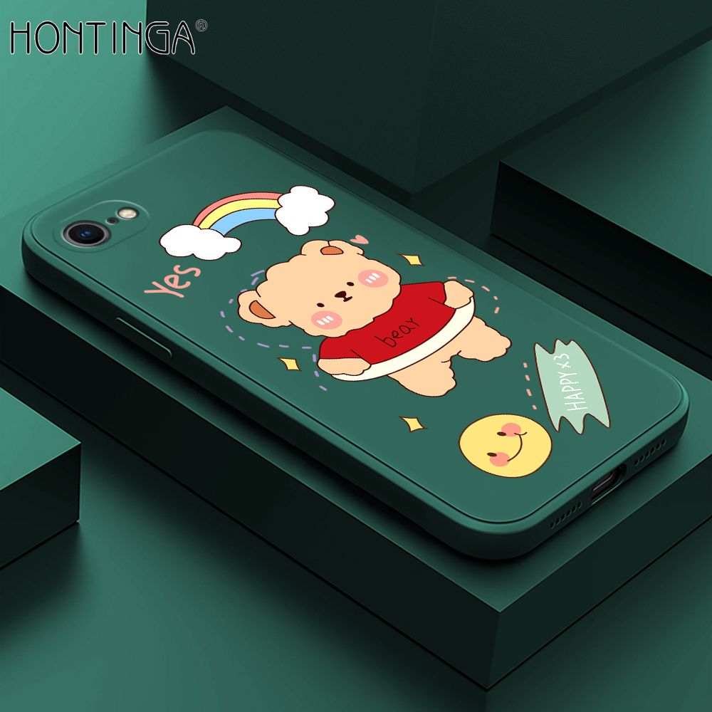 Hontinga for iPhone 7 / 8 / SE 2020 / SE 2022 Case Lovely Cartoon Bear Phone Case Phone Case Soft Square Edge Silicone Cases Full Lens Cover Shockproof Protection Cover
