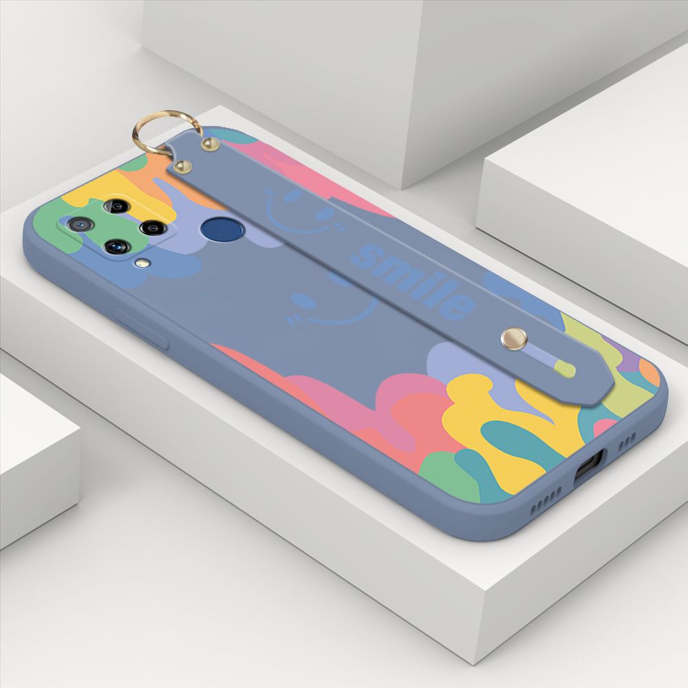 ZeroQiQi for Realme C15 Wrist Strap Case Soft Candy Color Splash Ink Cover Trend Square Printed Pattern Liquid Silicone Phone Case