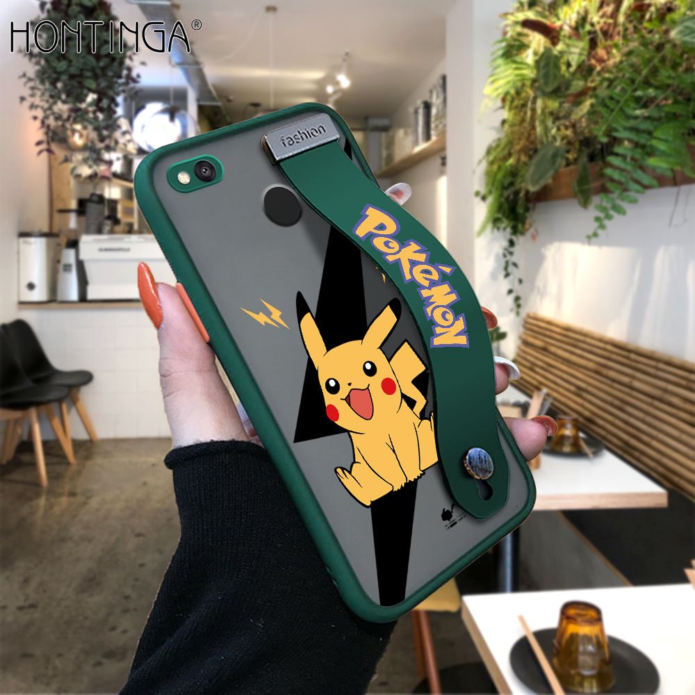 Hontinga for Redmi 4X Back Cover With Wristband Cartoon Pikachu Phone Casee Full Lens Protection Thin Frosted Cases
