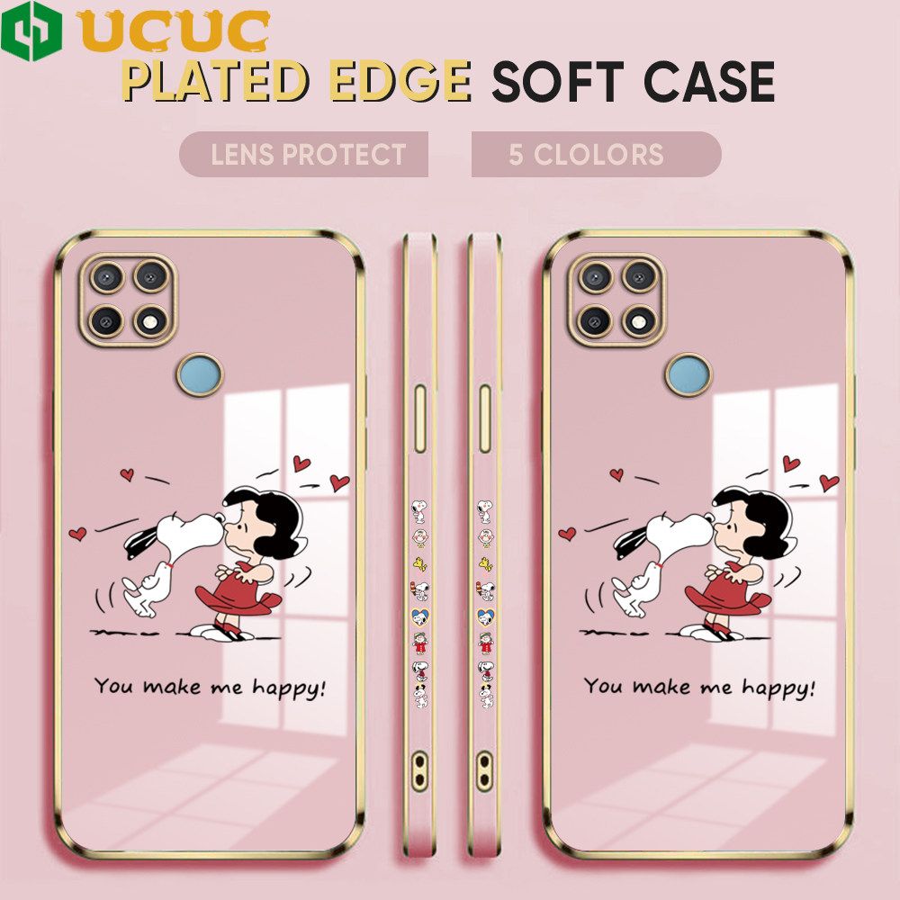 UCUC for OPPO A15 A15s Back Cover + Free Lanyard Happy Puppy Luxury 6D Plating Case Side Pattern Soft Silicone Square Phone Cases