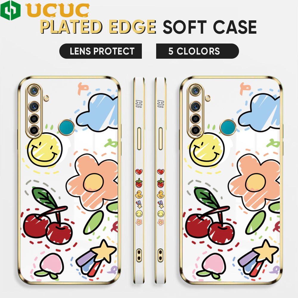 UCUC for Realme 5 Cover Fruit Doodle Luxury 6D Plating Soft Casing Silicone Square Frame Phone Case Shiny Bling Back Cover + Free Lanyard