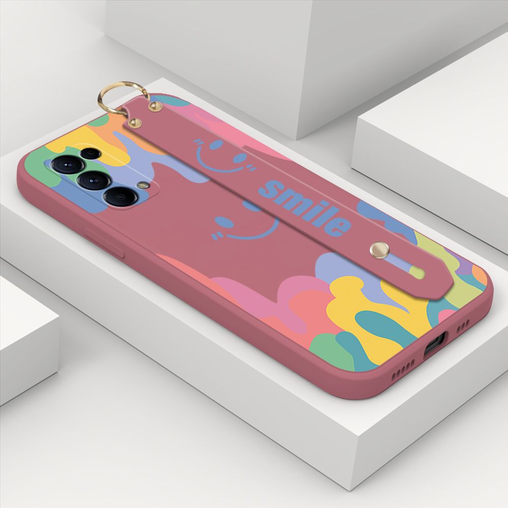 ZeroQiQi for OPPO Reno5 5G Wrist Strap Case Soft Candy Color Splash Ink Cover Trend Square Printed Pattern Liquid Silicone Phone Case