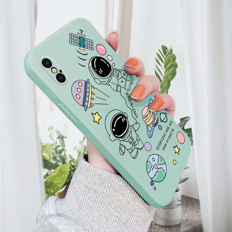 AMORVOR for iPhone X/XS Back Cover Cartoon Cute Astronaut Side design Soft Case Liquid Silicone Phone Cases