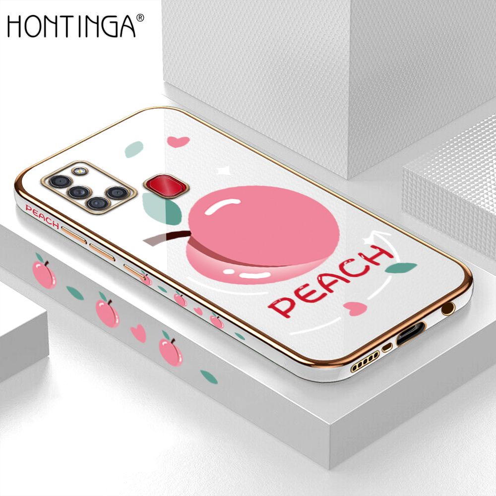 Hontinga for Samsung A21S Back Cover + Free Lanyard Luxury 6D Plating Cartoon Simple Peach Side Pattern Case Soft Silicone Square Mobile Cover