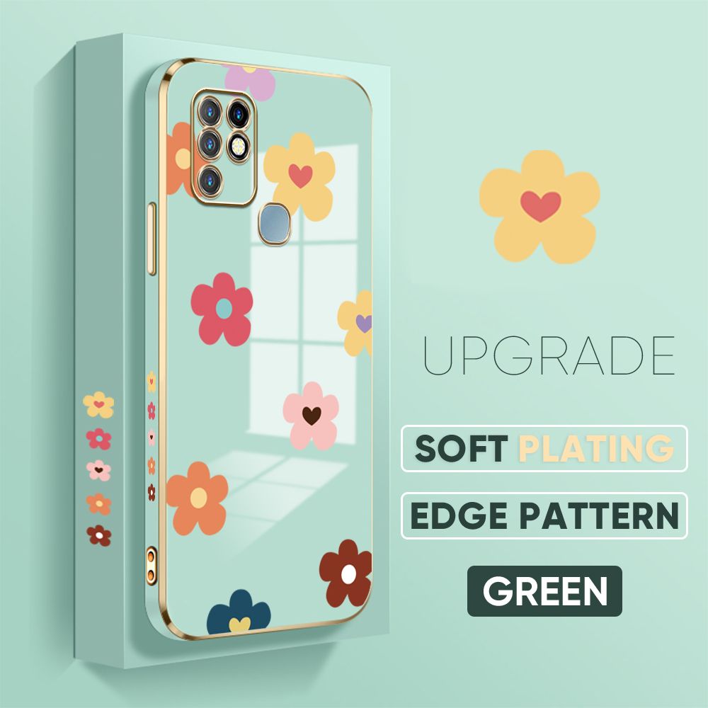 Jizetin (Free Lanyard) Infinix Hot 10 Back Cover Falling Flowers Luxury 6D Plating Case Side Pattern Soft Silicone Square Phone Cases