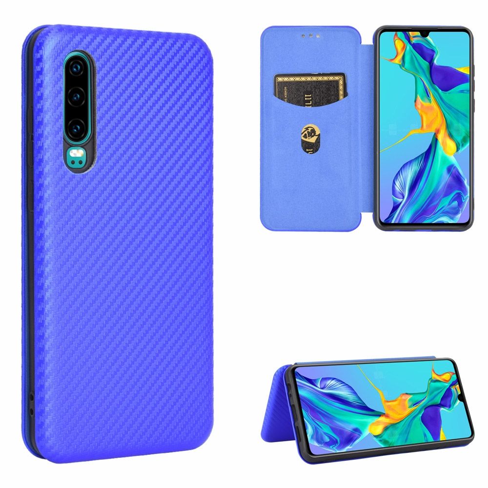 (Ready Stock)For Huawei P30 Carbon Fiber Texture Magnetic Horizontal Flip TPU + PC + PU Leather Case with Card Slot(Blue)