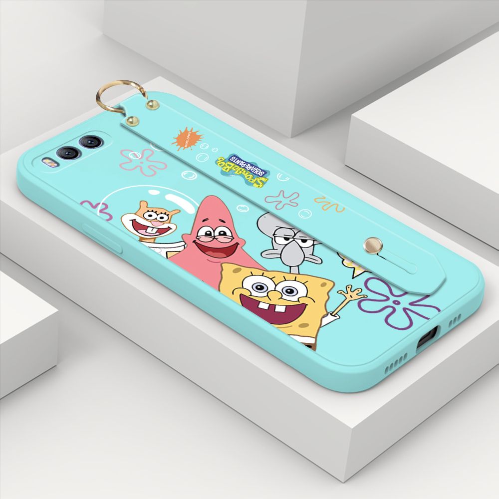 ZeroQiQi for Xiaomi Mi 6 Wrist Strap Case Cute Cute Funny Cartoon Sponge for Square Pants Cover Square Edge Liquid Silicone Anti-drop Phone Case