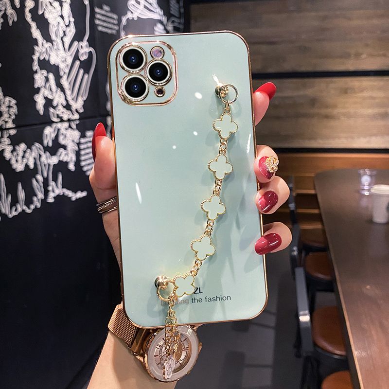 For iPhone 13 Pro Back Cover with Lucky Clover Wristband Chain Fashion Bracelet Shiny Plating Square Edge Bumper Phone Case Soft Silicone Bumper Protective Cover