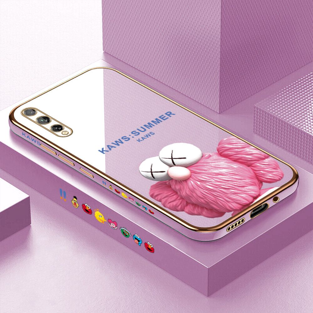Luxury 6D Plating Soft Casing Silicone Square Frame Phone Case For Huawei Y8P Case Shiny Bling Back Cover Cartoon Pink Doll Square Edge Pattern Design Soft Case + Free Lanyard
