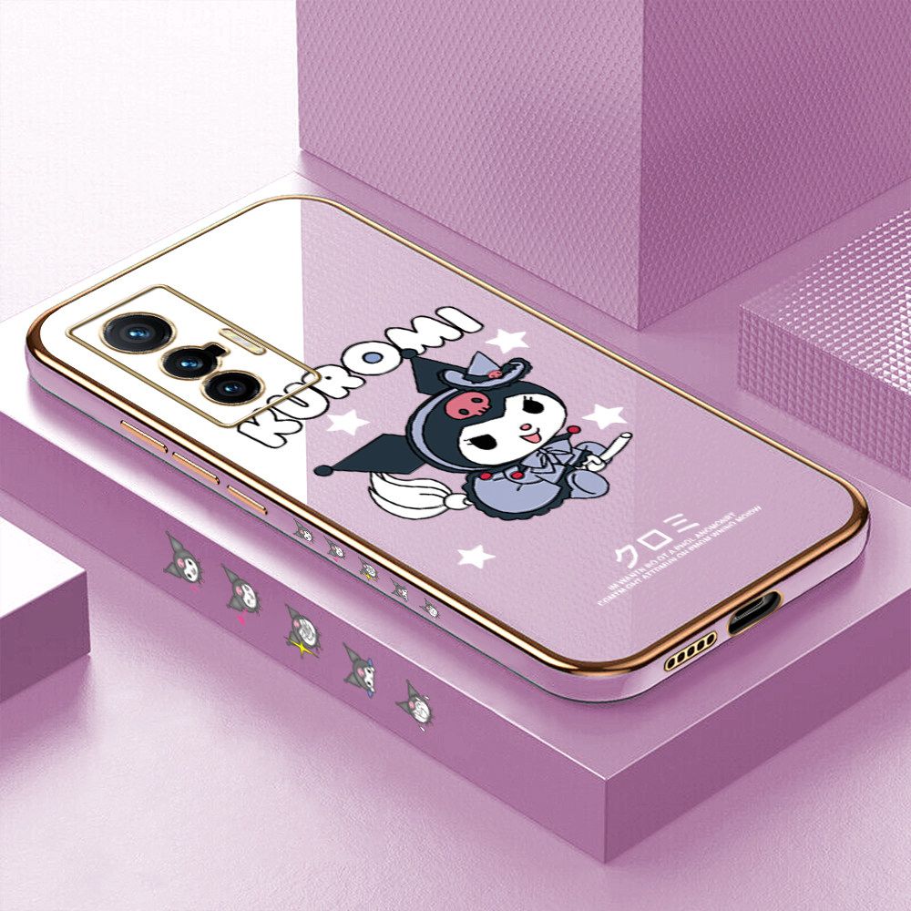 Luxury 6D Plating Soft Casing Silicone Square Frame Phone Case For Vivo X70 5G Case Shiny Bling Back Cover Cartoon Anime Character Cute Square Edge Pattern Design Soft Case + Free Lanyard