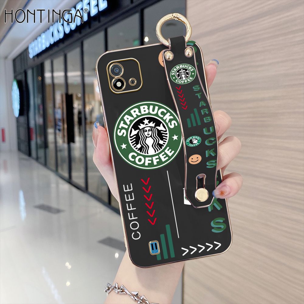 Hontinga for Realme C20 / C20A / C11 2021 Back Cover With Wristband Luxury 6D Plating Coffee Sign Case Soft Silicone Square Phone Cases