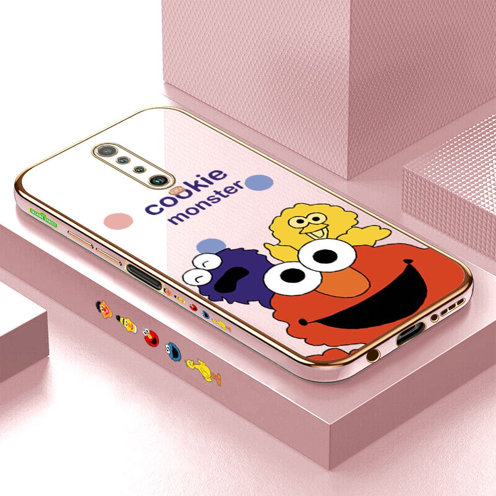 Luxury 6D Plating Case for Redmi K30 Color Cute Cartoon Sesame Monsters Side Pattern Back Cover Soft Silicone Square Frame Shiny Bling Phone Cases + Free Lanyard