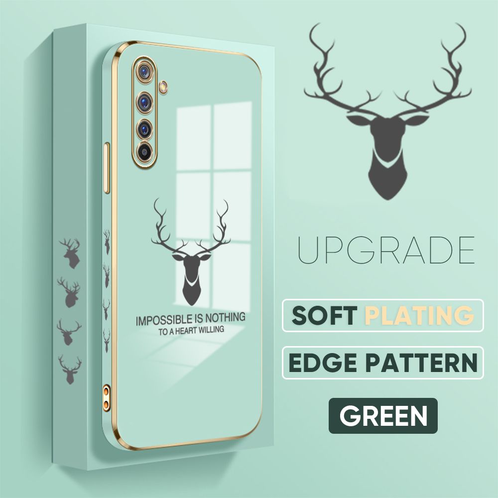 Jizetin (Free Lanyard) Realme 6 Pro Back Cover Antlers Luxury 6D Plating Case Side Pattern Soft Silicone Square Phone Cases