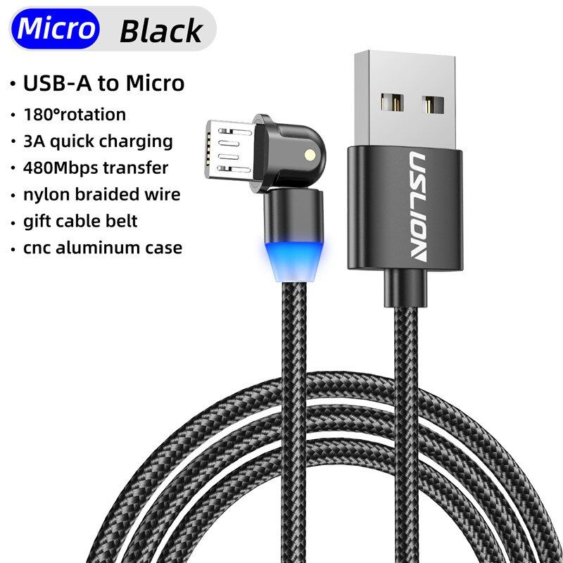 USLION 180 Rotate LED 2m 3A Micro USB Cable Fast Charging USB Cable For Samsung Huawei Tablet Android Mobile Phone Data Line