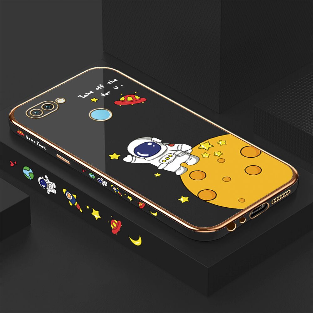 Luxury 6D Plating Case for Realme U1 Cute Cartoon Happy Astronaut Side Pattern Back Cover Soft Silicone Square Frame Shiny Bling Phone Cases + Free Lanyard