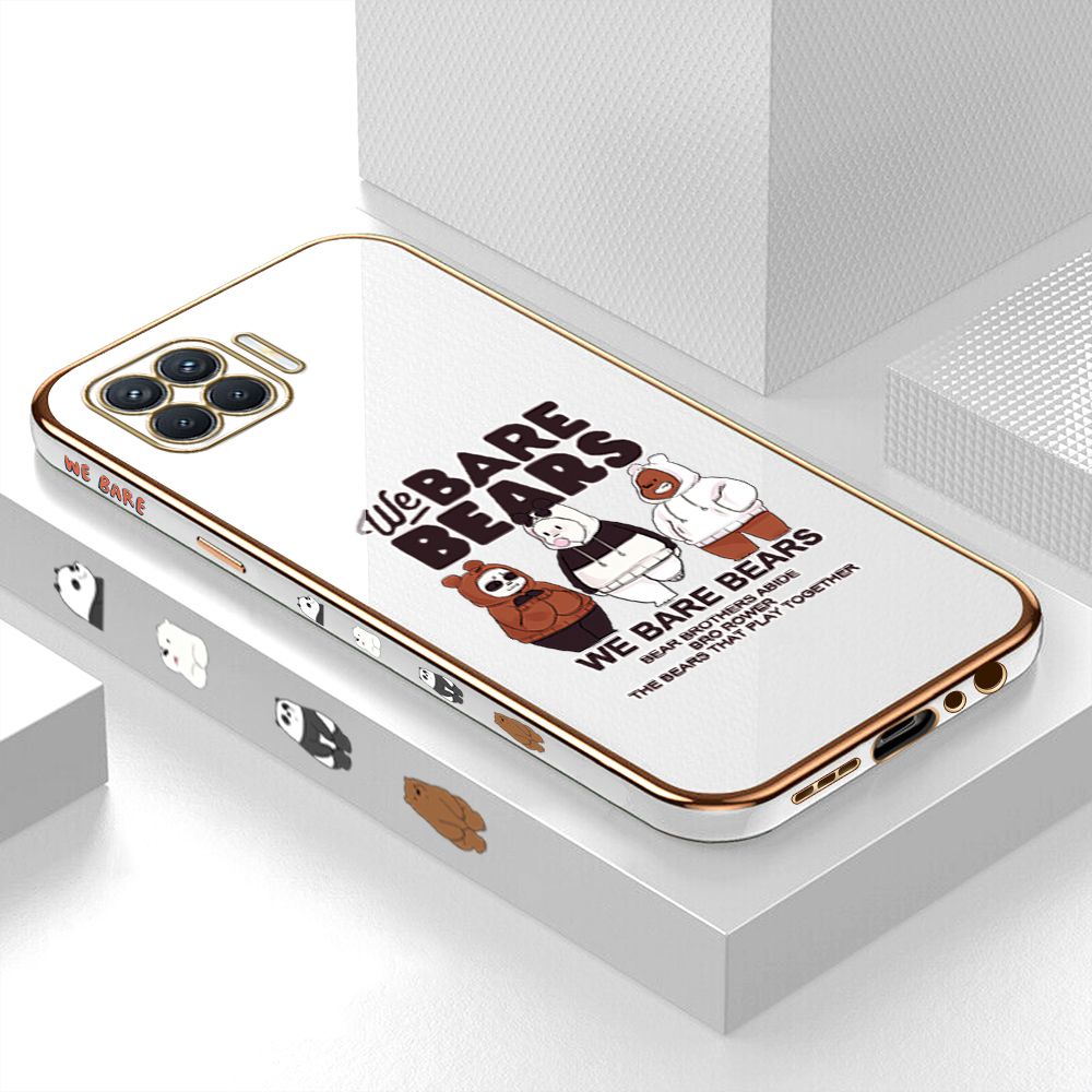 Luxury 6D Plating Case for OPPO Reno4 F Three Little Bears Side Pattern Back Cover Soft Silicone Square Phone Cases + Free Lanyard