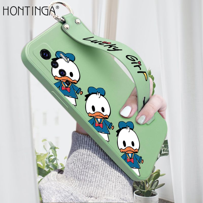 Hontinga for Vivo X50 5G Wrist Strap Case Cute Cartoon Little Duck Phone Case Square Edge Liquid Silicone Case Full Cover Camera Shockproof Protective Cases