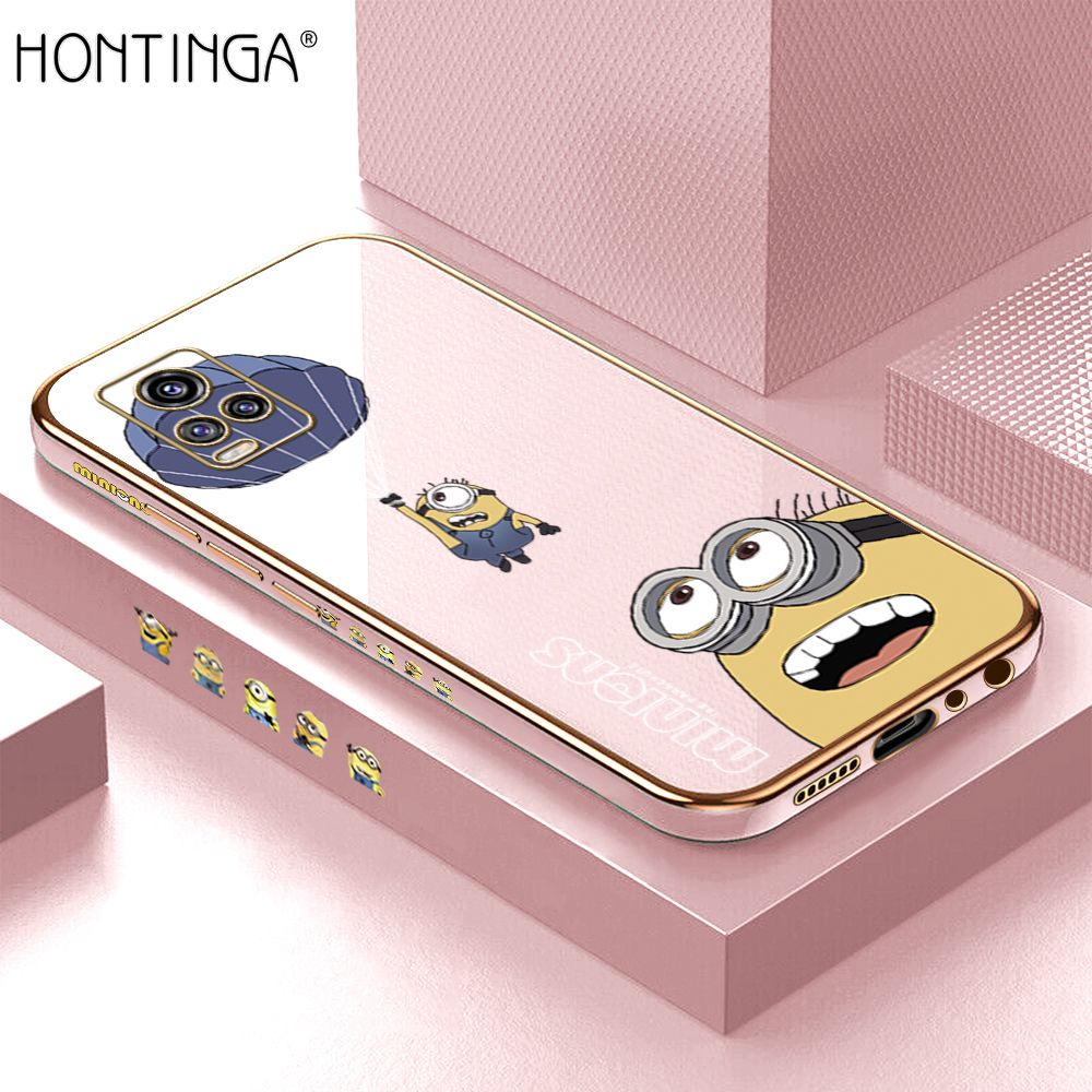 Hontinga for Vivo V20 / V20 2021 Back Cover + Free Lanyard Luxury 6D Plating Yellow Cartoon Character Pattern Case Soft Silicone Square Phone Cases
