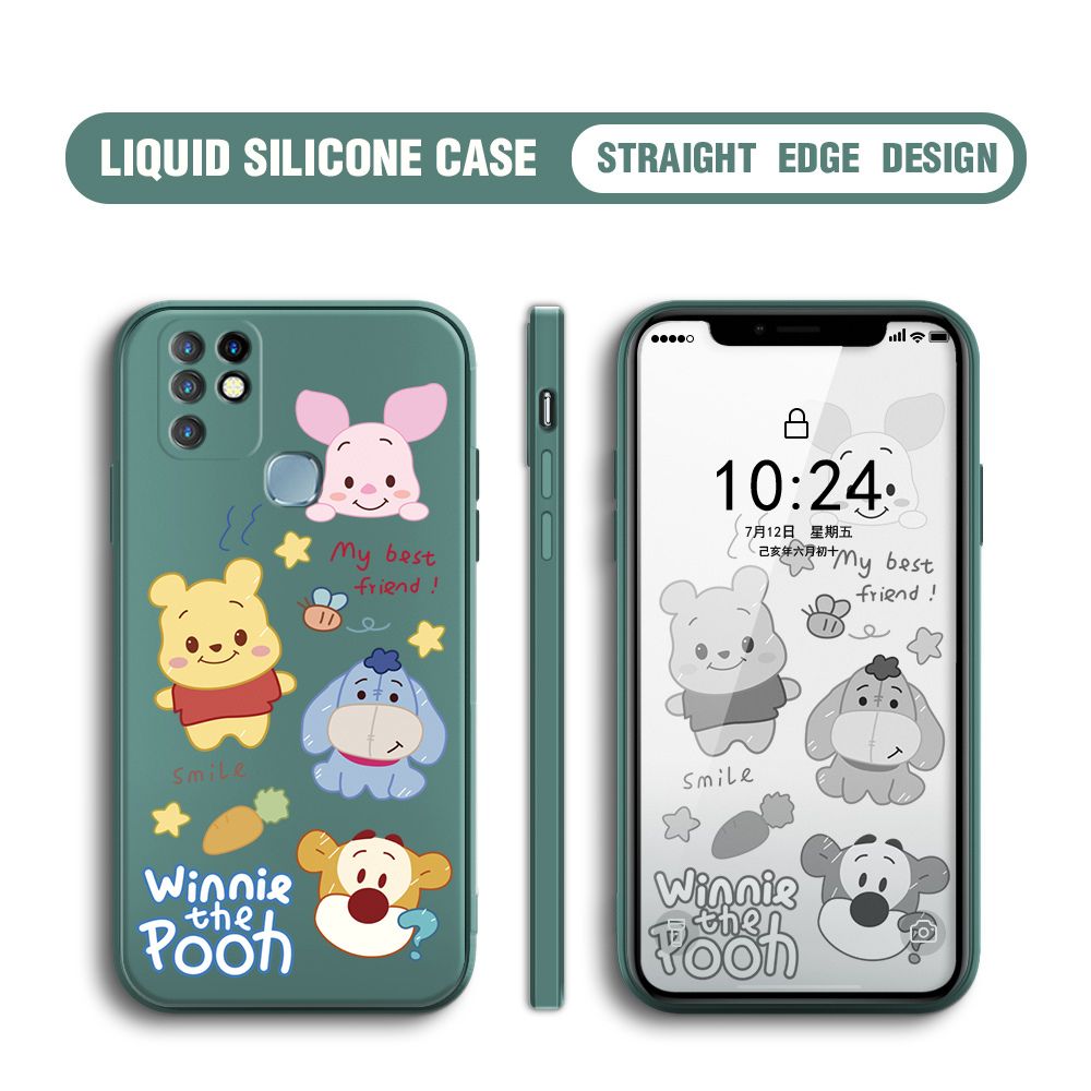 BILI for Infinix Hot 10 Back Cover Cute Winne Friends Multicolor Liquid Silicone Phone Case Soft Square Lens Protection Phone Cases