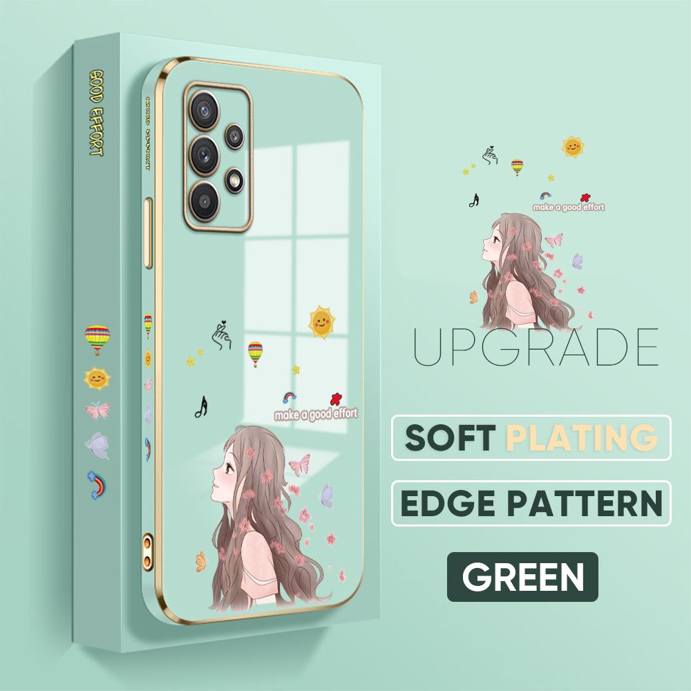 TA for Samsung Galaxy A32 5G Back Cover + Free Lanyard Charming Girl Luxury 6D Plating Case Side Pattern Soft Silicone Square Phone Cases