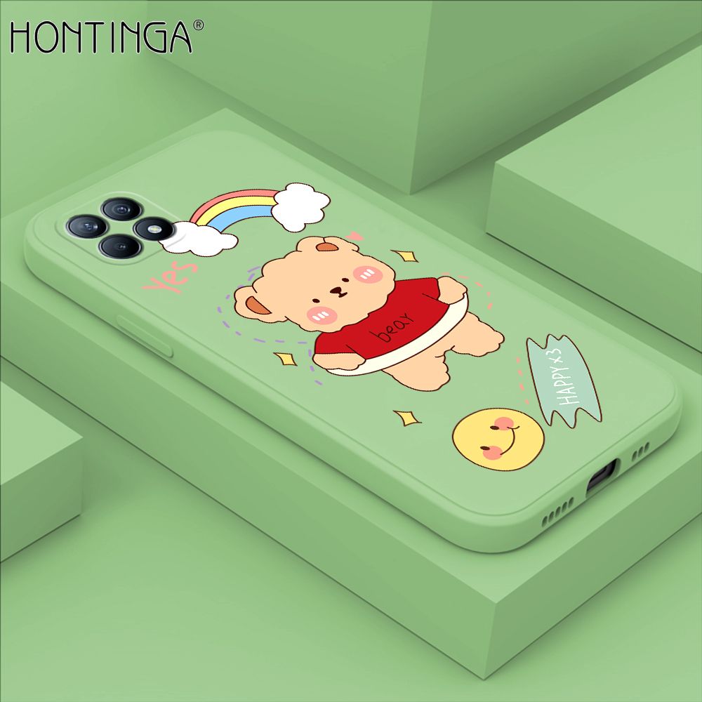 Hontinga for OPPO Reno 4 SE 5G Case Lovely Cartoon Bear Phone Case Phone Case Soft Square Edge Silicone Cases Full Lens Cover Shockproof Protection Cover