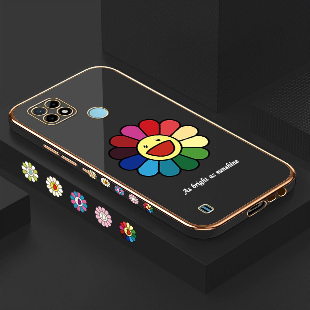 Luxury 6D Plating Case for Realme C25Y Colored Sunflower Side Pattern Back Cover Soft Silicone Square Phone Cases + Free Lanyard