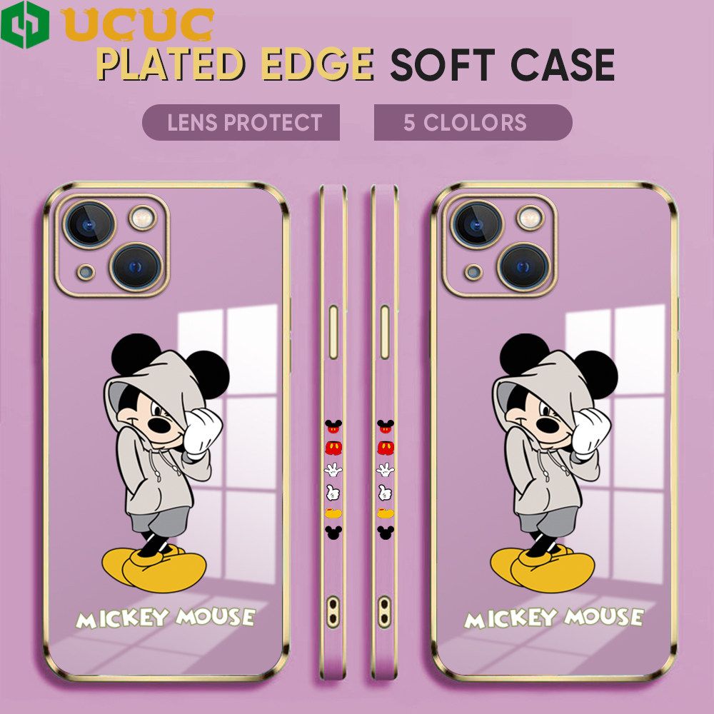 UCUC for iPhone 13 Mini Back Cover + Free Lanyard Hoodie Mouse Luxury 6D Plating Case Side Pattern Soft Silicone Square Phone Cases