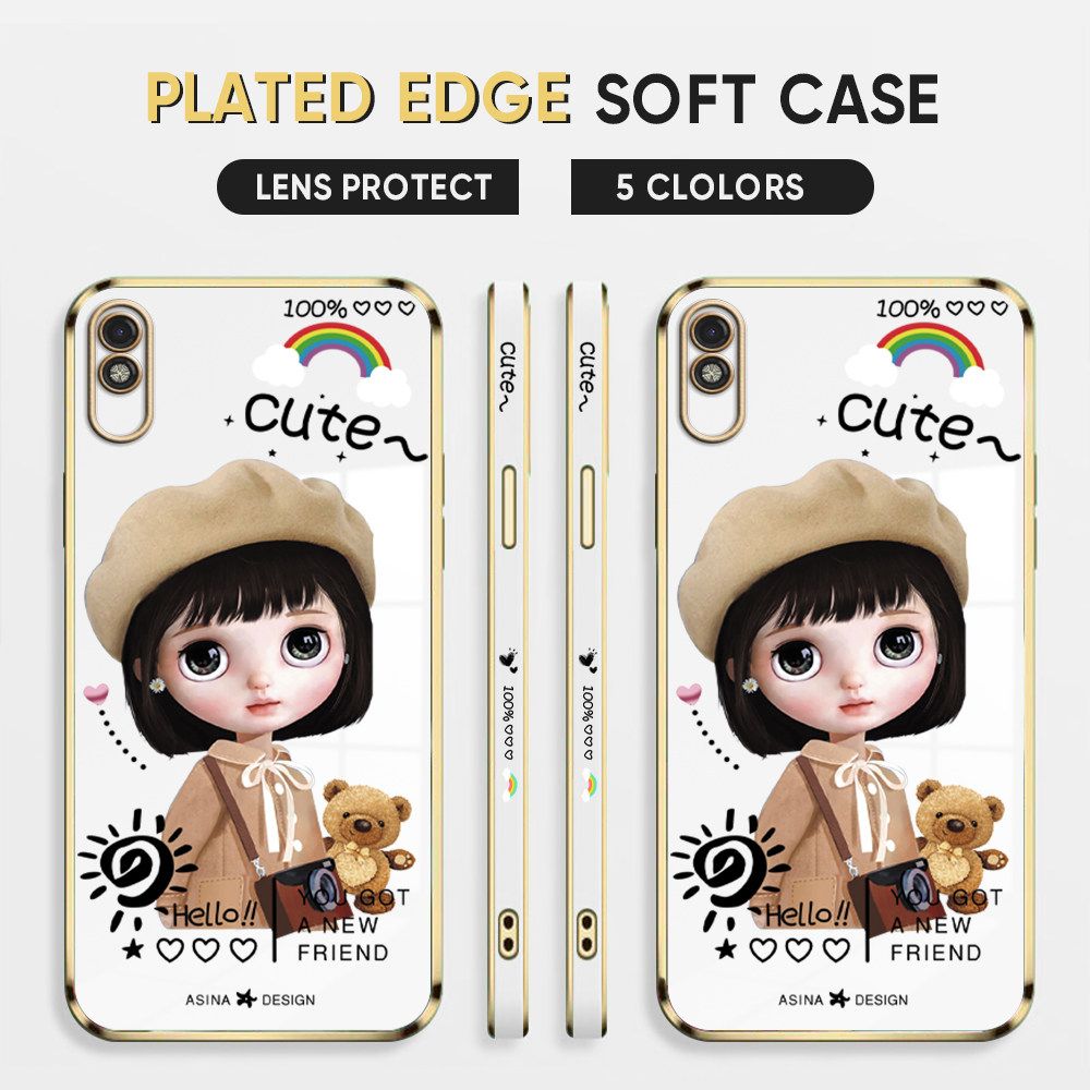 Luxury 6D Plating Case for Redmi 9A Phone Cases Satchel Girl Side Print Soft Silicone Square Back Cover