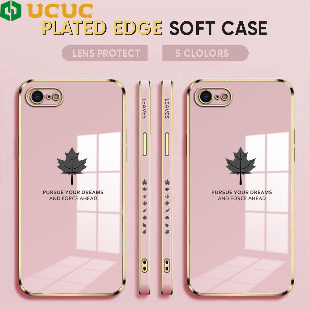 UCUC for iPhone 7 8 SE 2020 SE 2022 Back Cover + Free Lanyard Maple Leaf Luxury 6D Plating Case Side Pattern Soft Silicone Square Phone Cases