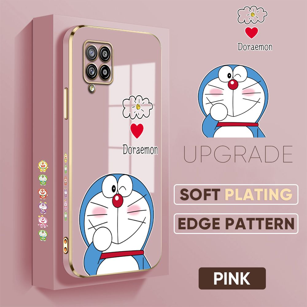 Jizetin (Free Lanyard) Samsung A42 5G Cover Sneak Doraemon Luxury 6D Plating Soft Casing Silicone Square Frame Phone Case Shiny Bling Back Cover