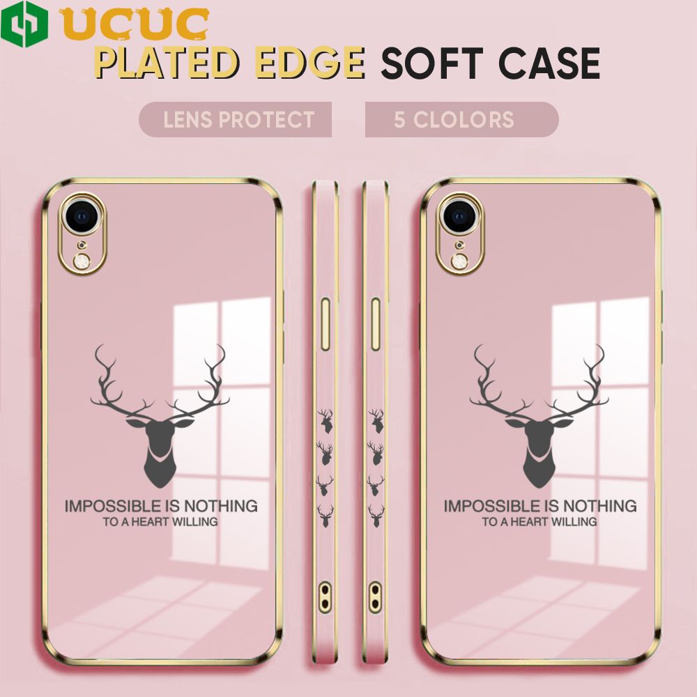 UCUC for iPhone XR Back Cover + Free Lanyard Simple Antlers Luxury 6D Plating Case Side Pattern Soft Silicone Square Phone Cases