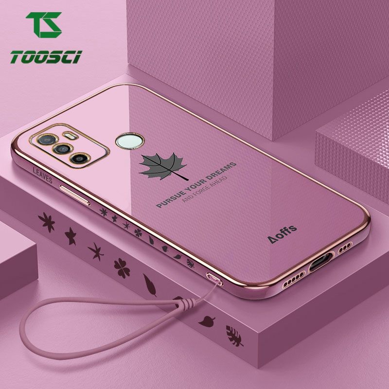 Toosci Maple Leaf Phone Case For OPPO A32/A53 2020 Luxury Chrome Gold Plated Soft TPU Square Case + Lanyard