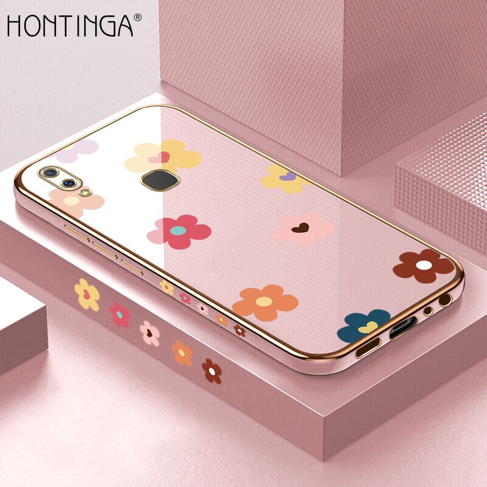 Hontinga for Vivo V9 Back Cover + Free Lanyard Luxury 6D Plating Falling Flower Side Pattern Case Soft Silicone Square Mobile Cover
